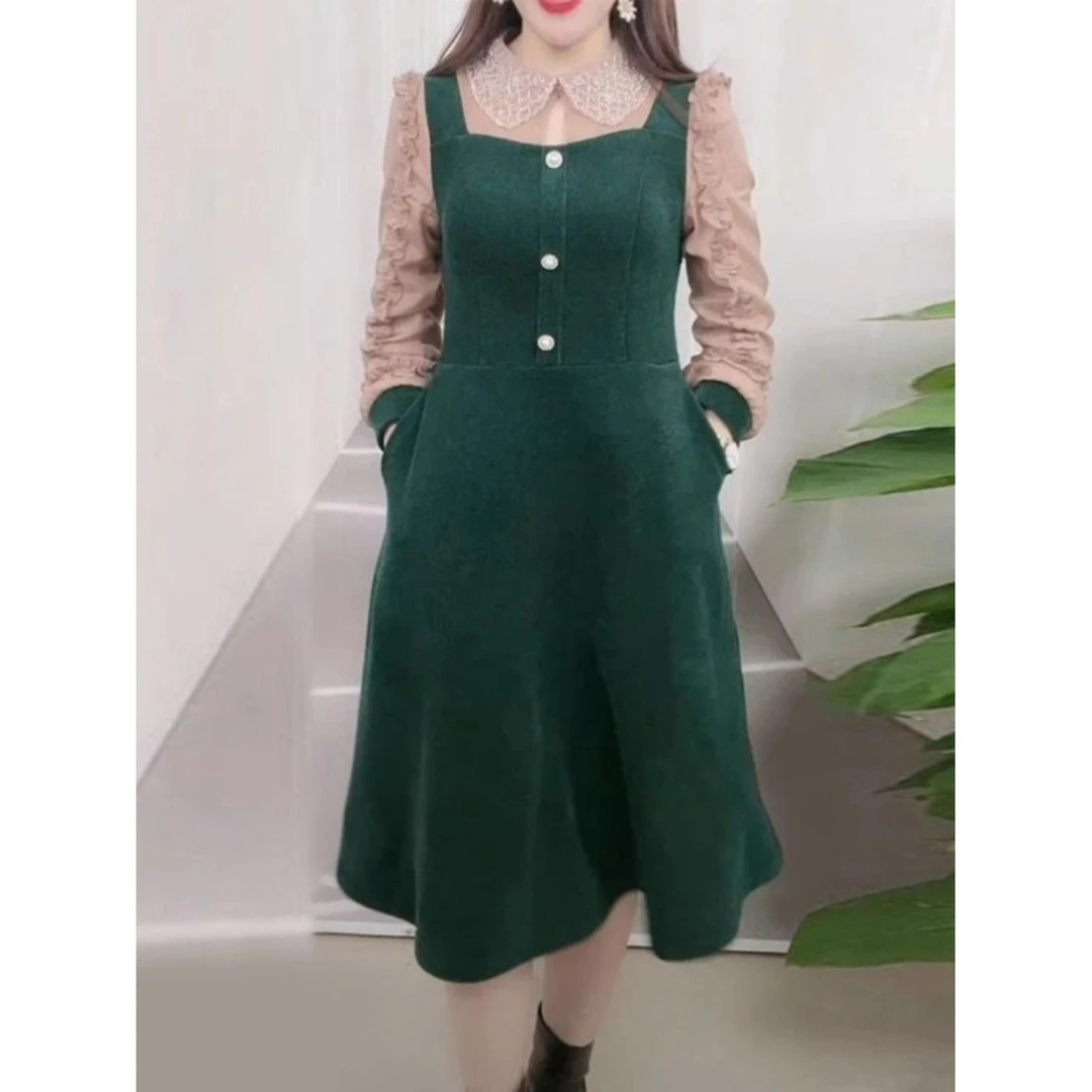 秋季新款女装中年妈妈小个子polo领拼接假两件梨形身材连衣裙2142