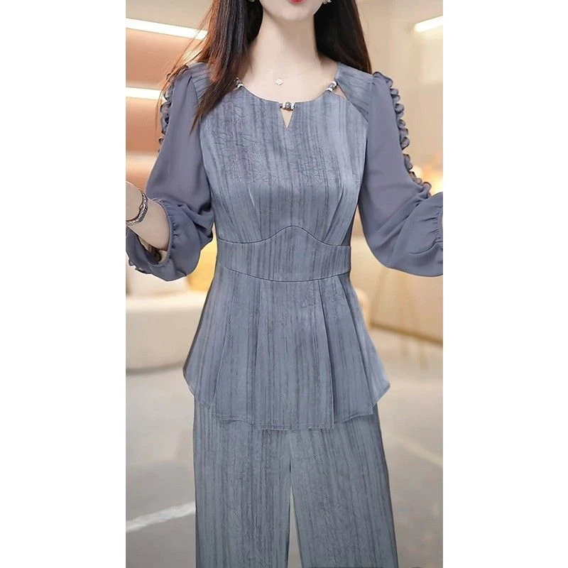 冰丝缎面套装女早秋2024新款时尚洋气减龄显瘦阔太太两件套1514