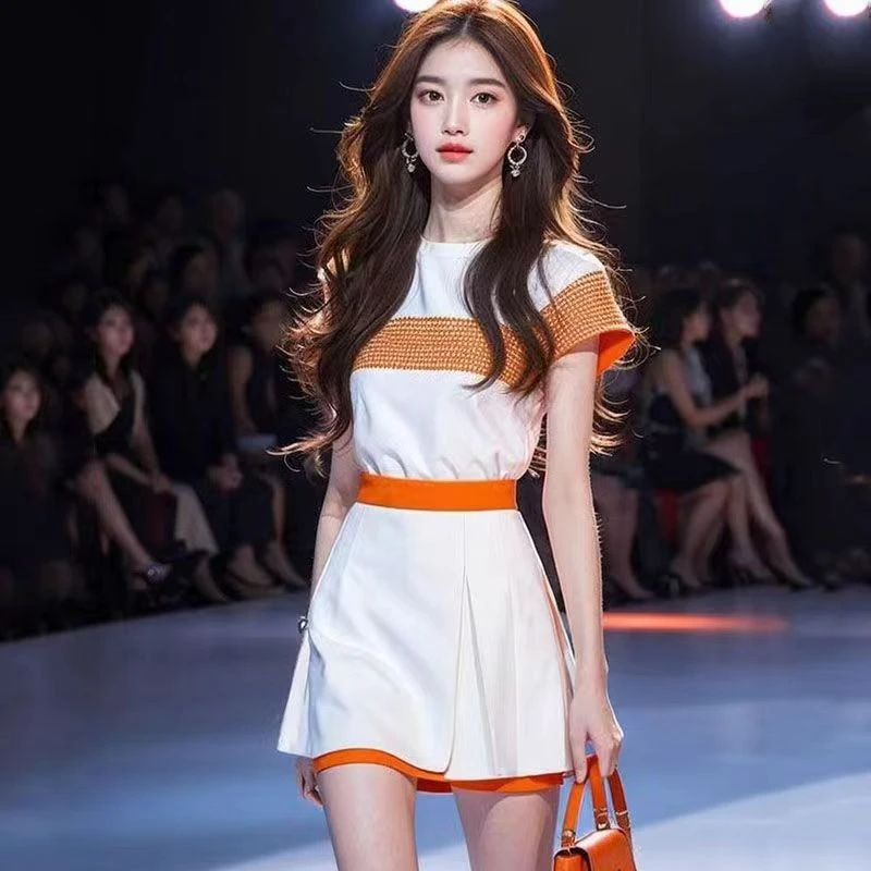 2024夏季小个子穿搭一整套时尚休闲气质通勤风撞色T恤裤裙套装女