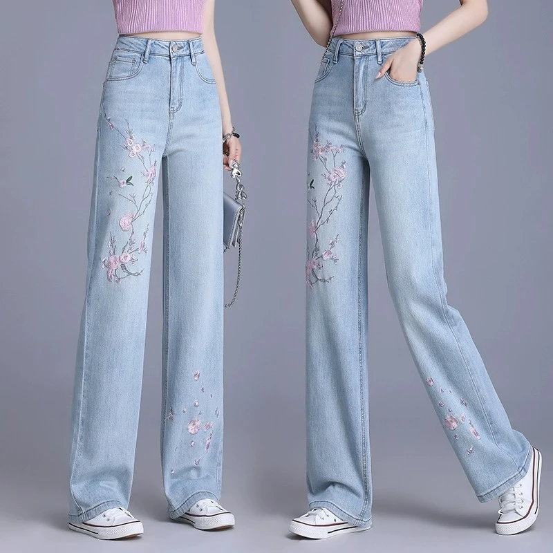 新中式牛仔阔腿裤女新款夏季薄款高腰休闲垂感窄版刺绣直筒裤女款