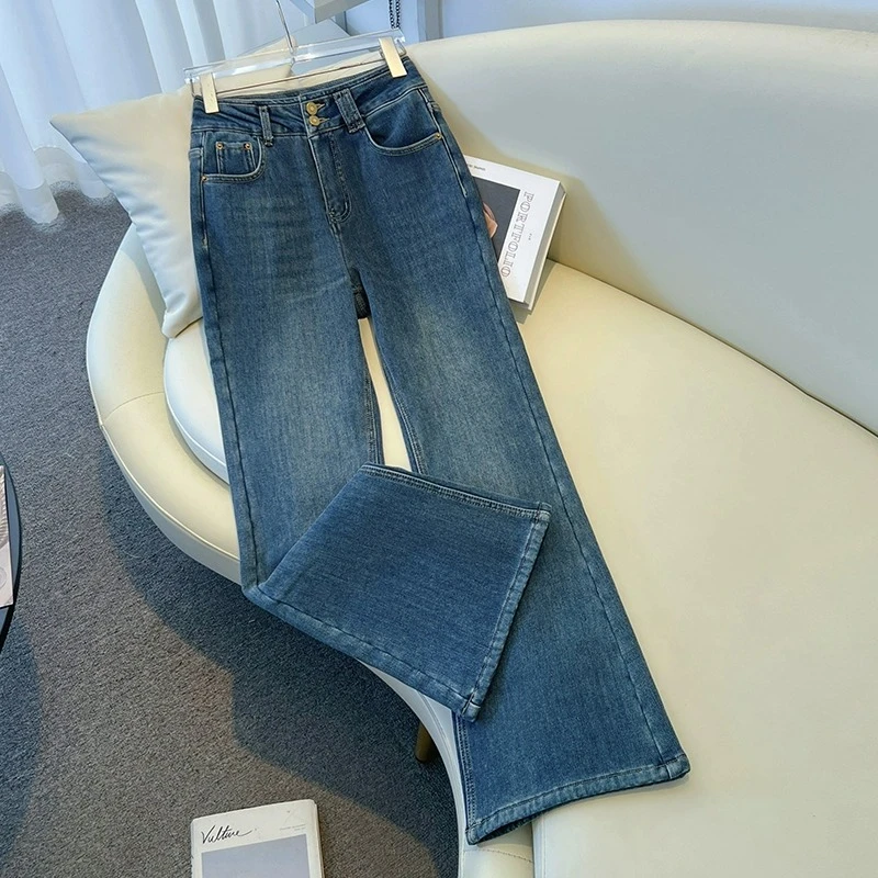 浅色加绒微喇牛仔裤女秋冬季2024年新款高腰气质修身显瘦喇叭裤子