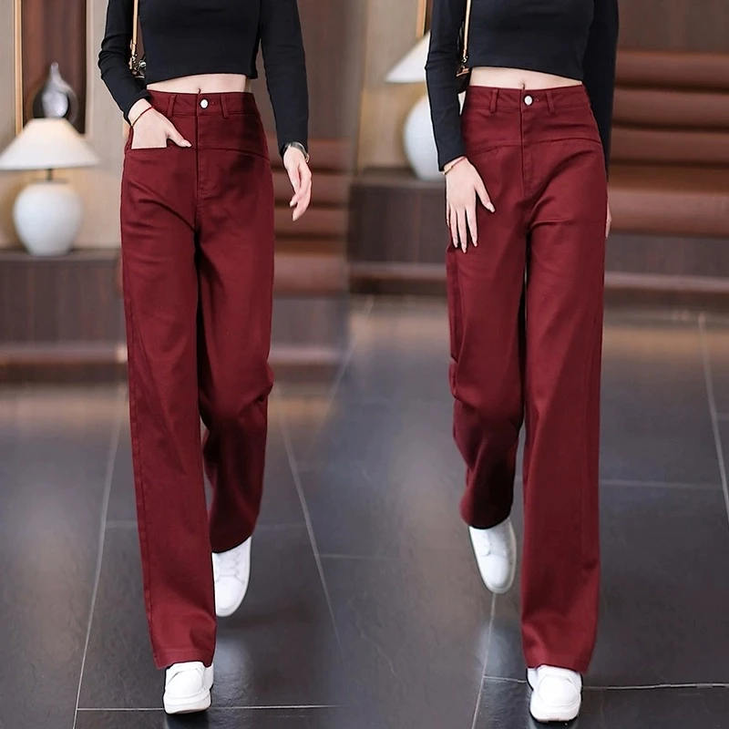 安可拉红阔腿牛仔裤女2024秋季新款高腰前口袋宽松垂感休闲直筒裤