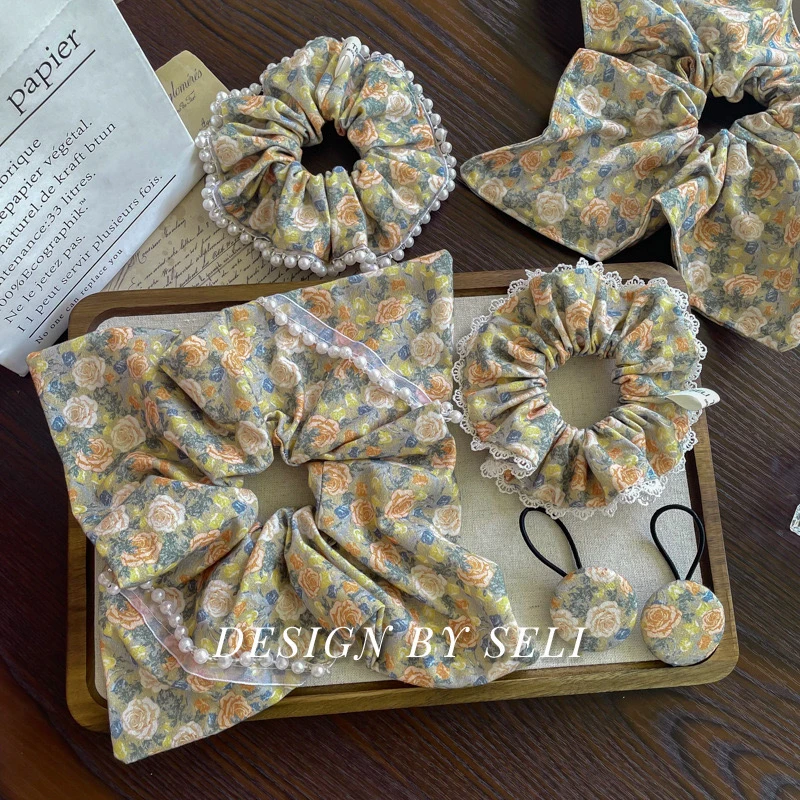 复古油画香槟玫瑰~复古法式大肠发圈珍珠头绳古典宫廷风优雅发饰