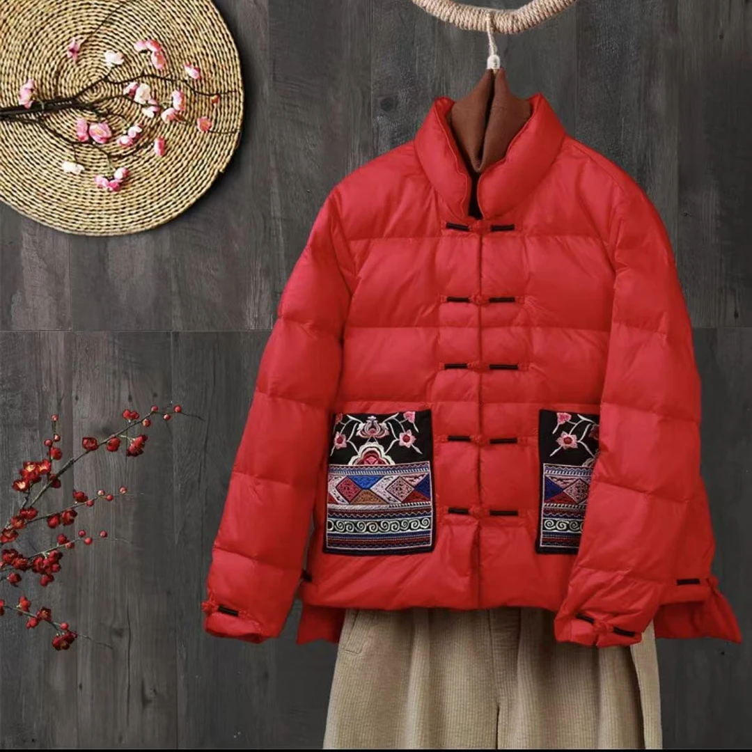 【M2】中国风短款羽绒服女冬刺绣盘扣立领保暖文艺复古新中式