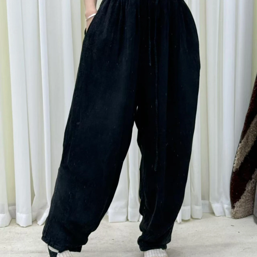 【云目悠悠】秋冬新款女士纯汉麻老爹裤系带棉裤-20241122