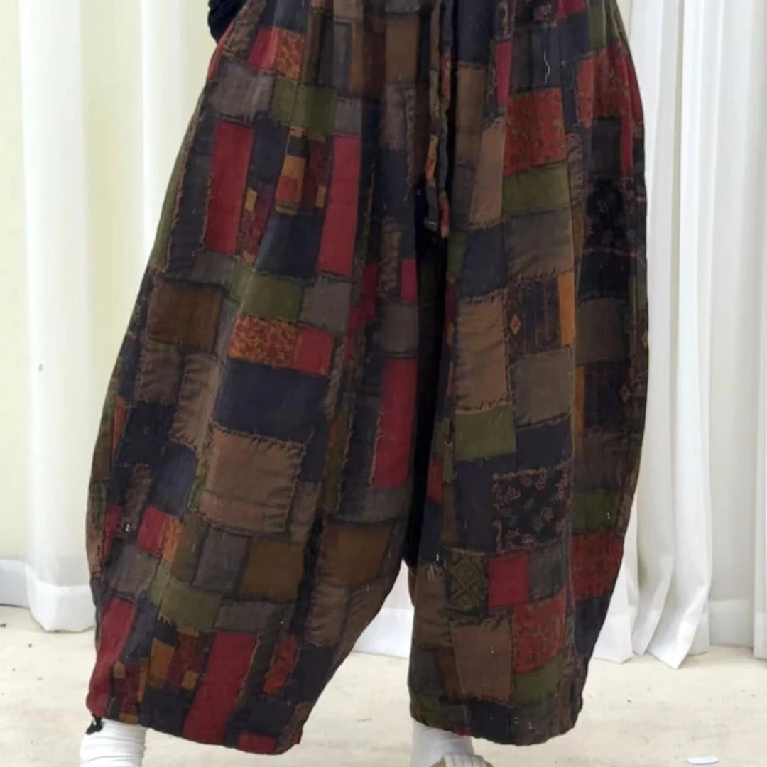 【云目悠悠】秋季汉麻休闲百搭时尚女士宽松拼接色南瓜裤-20241050