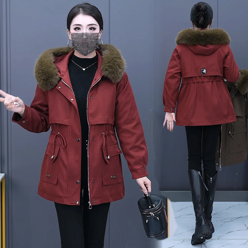 加绒女中长款中老年妈妈老年人装2024冬季新款抽绳大毛领大衣外套