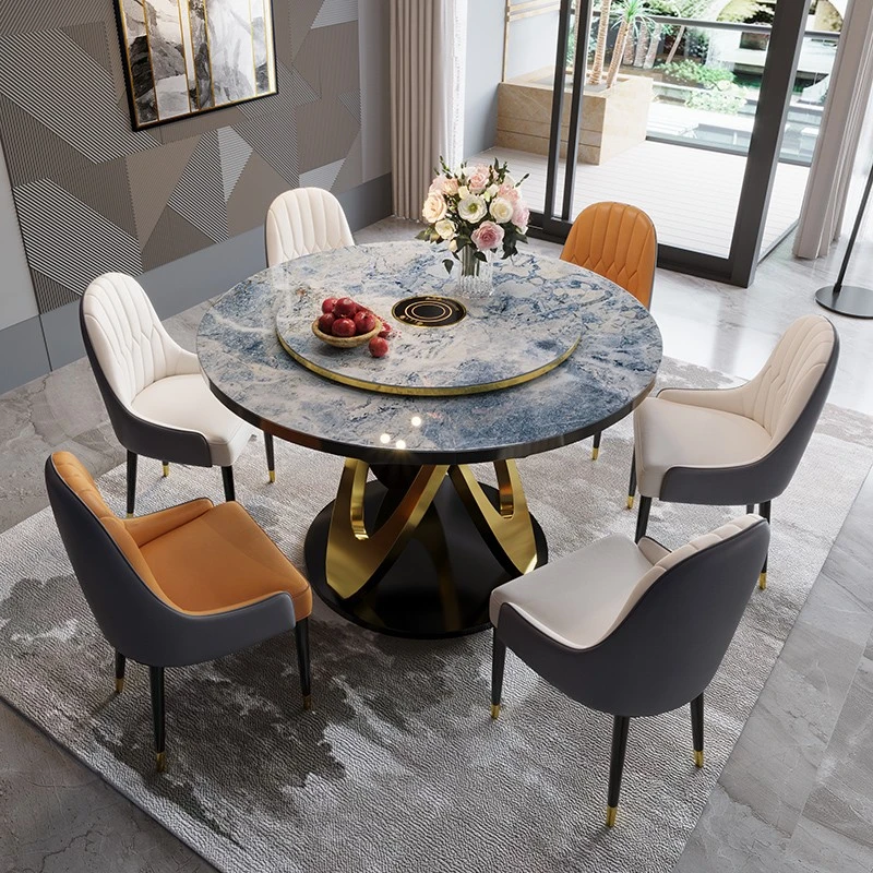 意式轻奢餐桌可伸缩圆桌岩板折叠轻奢家用小户型现代简约饭桌圆形