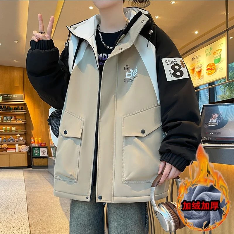 青少年秋冬款加绒加厚外套男棉衣潮流帅气初中学生大童冲锋衣夹克