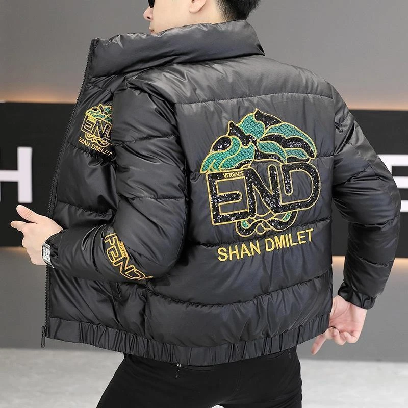 欧洲站冬季新款立领棉衣男修身青年帅气潮流加厚保暖刺绣棉服外套