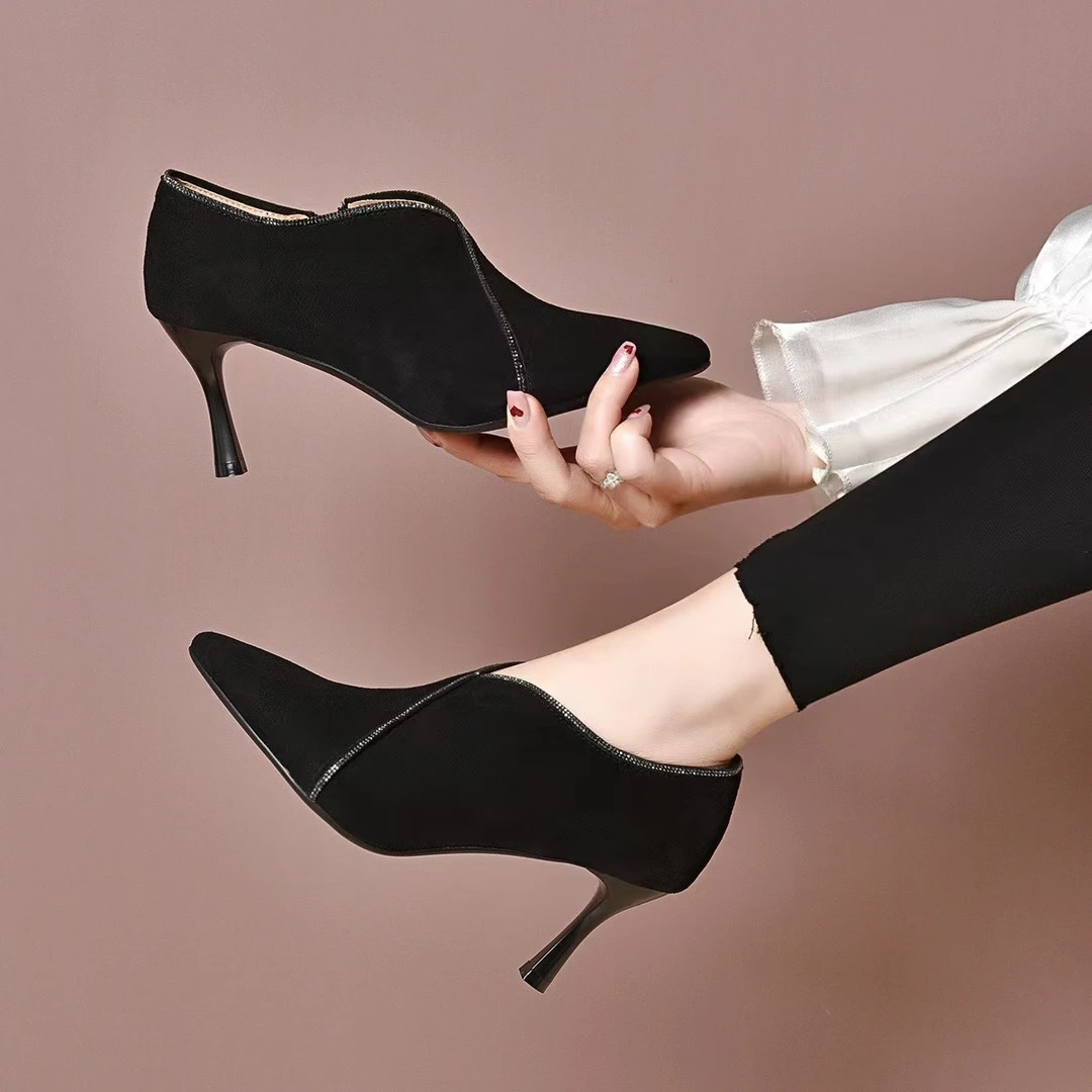 深口单鞋细跟优雅性感带钻黑色绒皮尖头正装高跟鞋女春秋职业单鞋