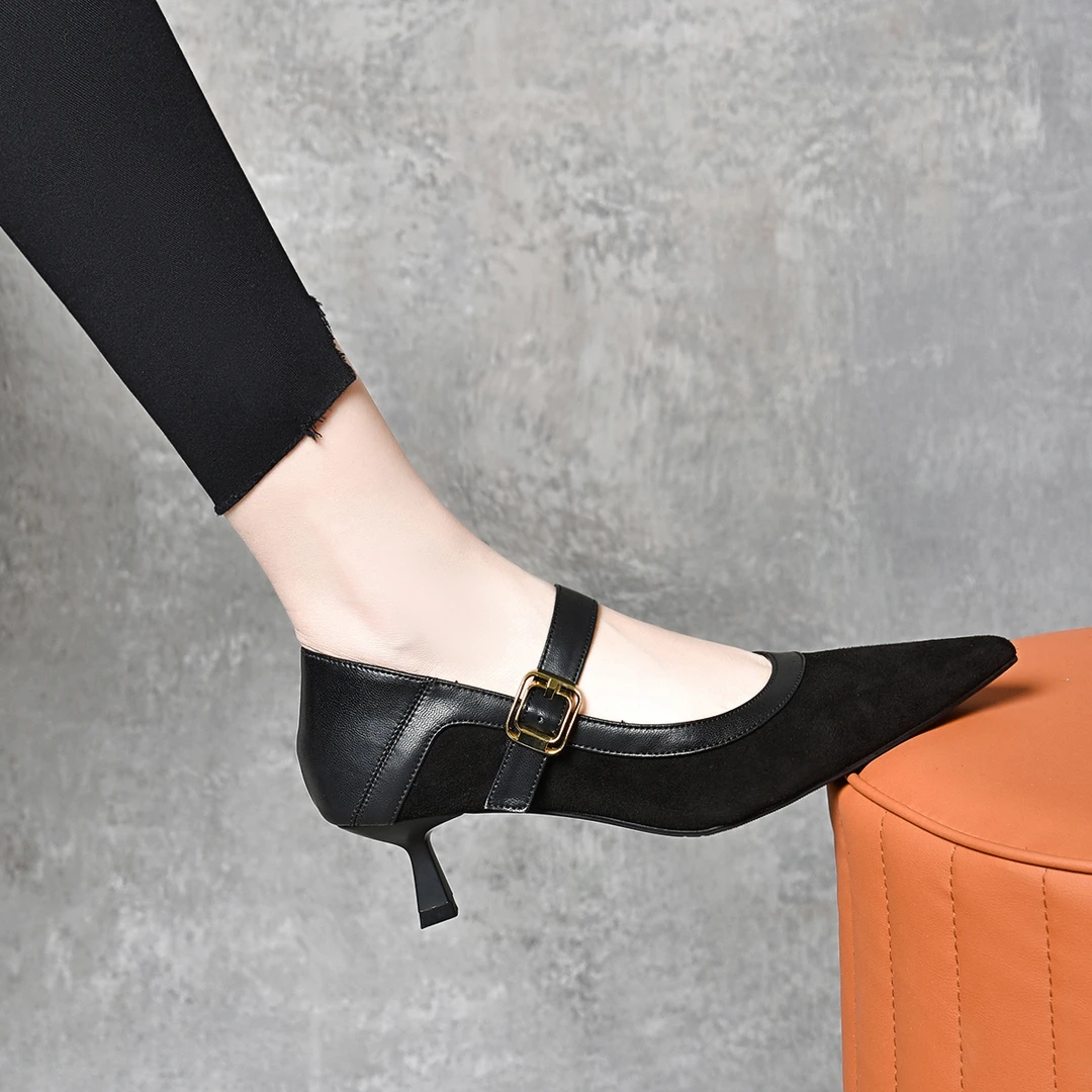 气质百搭女鞋2024春季新款真皮羊皮一字带尖头浅口细跟玛丽珍单鞋