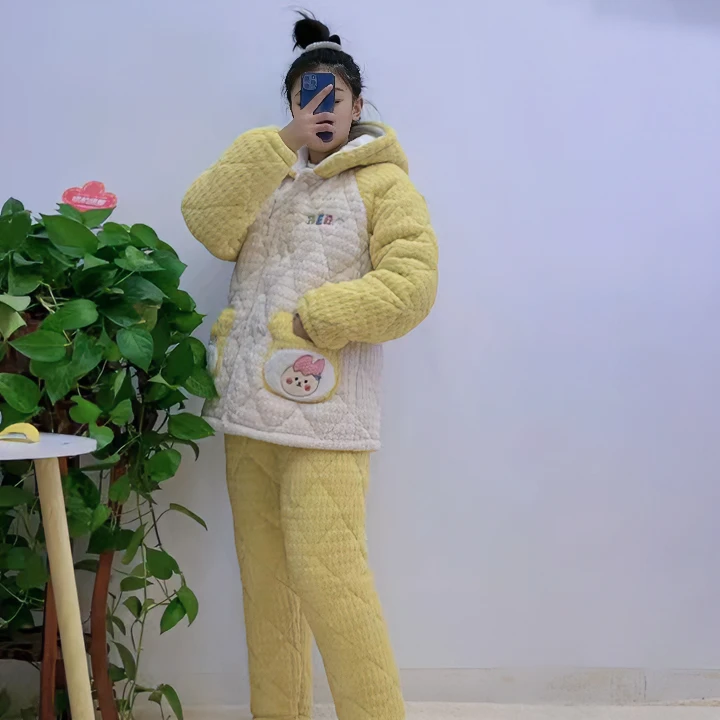 冬季新款-23201加绒加厚女孩大童睡衣三层加棉连帽毛绒家居服套装