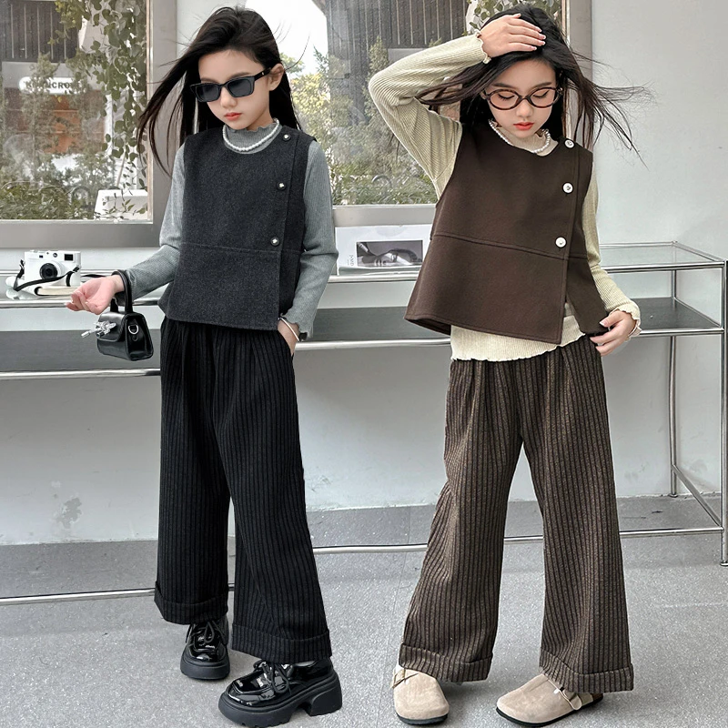 女童秋装套装2024新款儿童装马甲春秋季中大童洋气韩版潮酷三件套