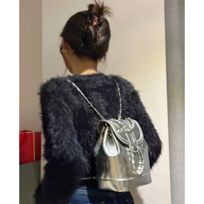 韩版小香风链条双肩包女 学生洋气ins风小书包 油蜡皮迷你双肩包