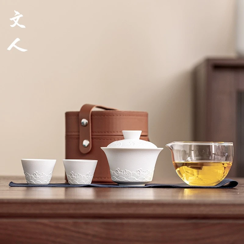 海浪盖碗快客杯旅行茶具一壶三杯便携陶瓷泡茶套组茶碗茶杯公道杯
