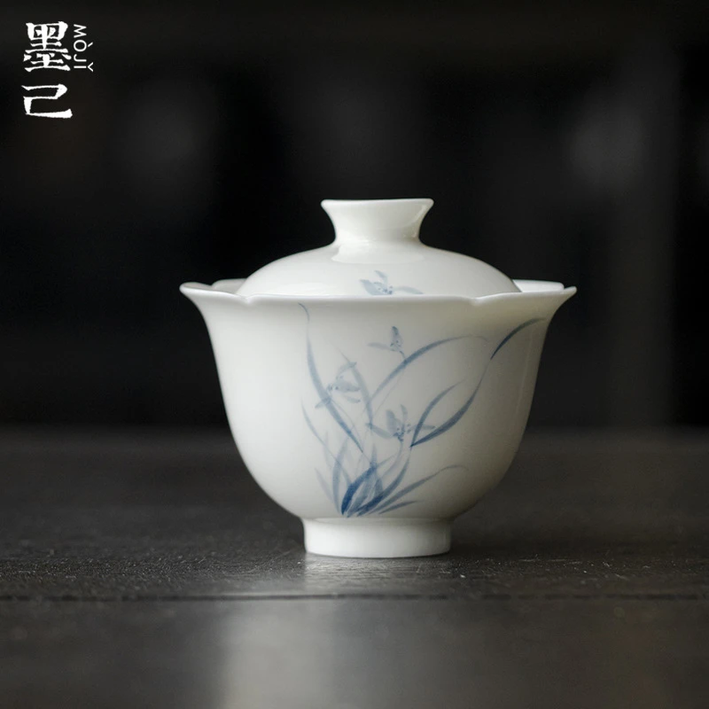 墨己仿宋高足花口盖碗功夫茶具陶瓷手绘青花兰花家用泡茶碗盖碗