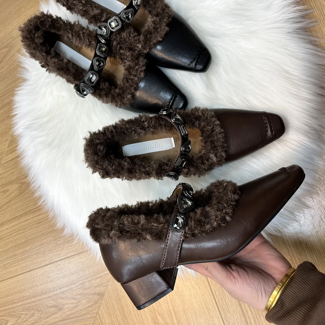 7cm保暖气质方头加绒玛丽珍毛毛鞋女内增高复古时尚冬季粗跟单鞋