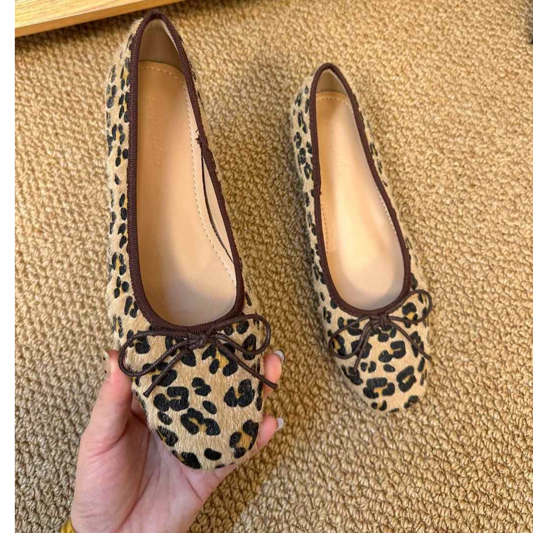 豹纹玛丽珍鞋2024秋新款法式圆头马毛小个子内增高外穿复古单鞋