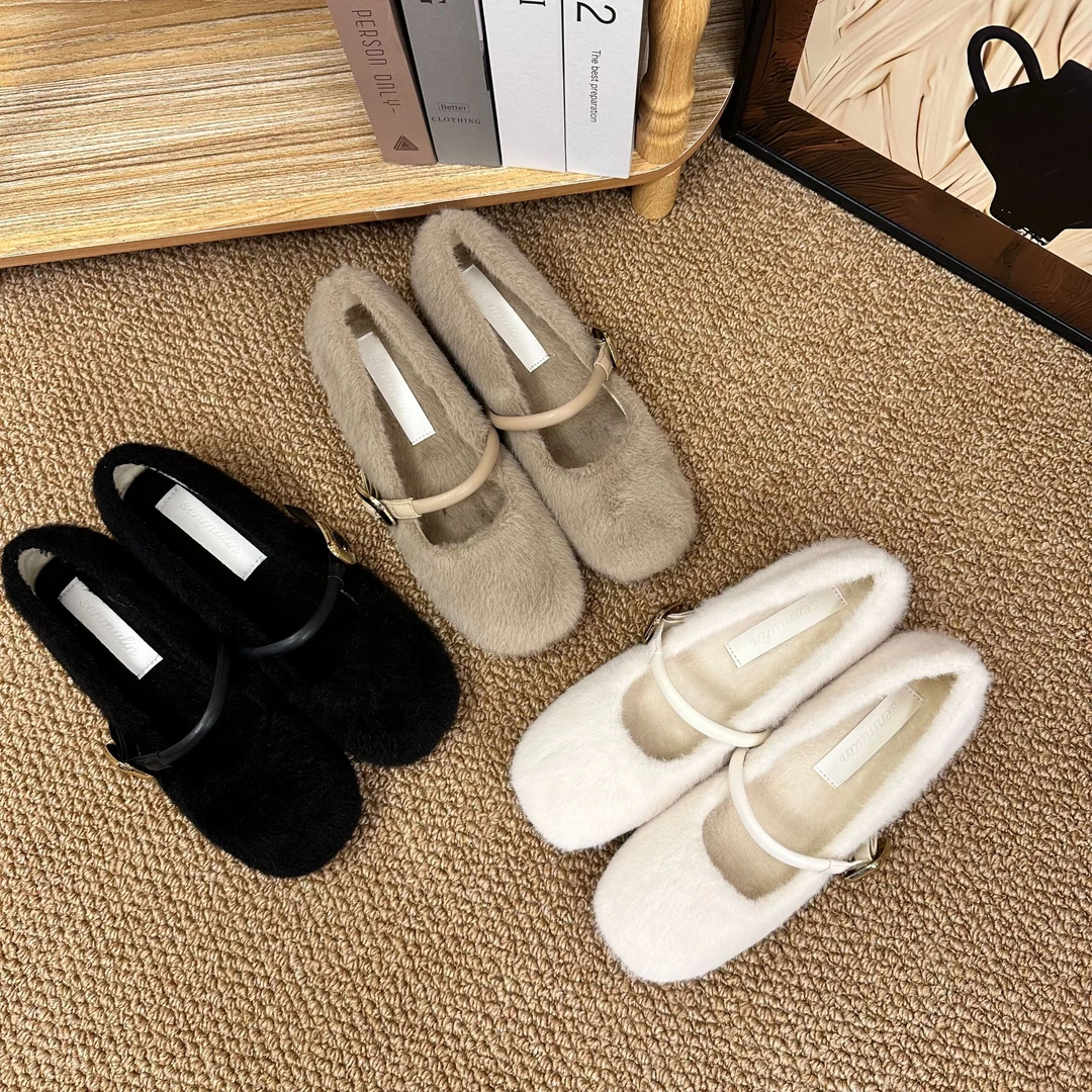 小个子内增高5cm法式芭蕾舞毛毛鞋女冬季外穿加绒温柔玛丽珍单鞋