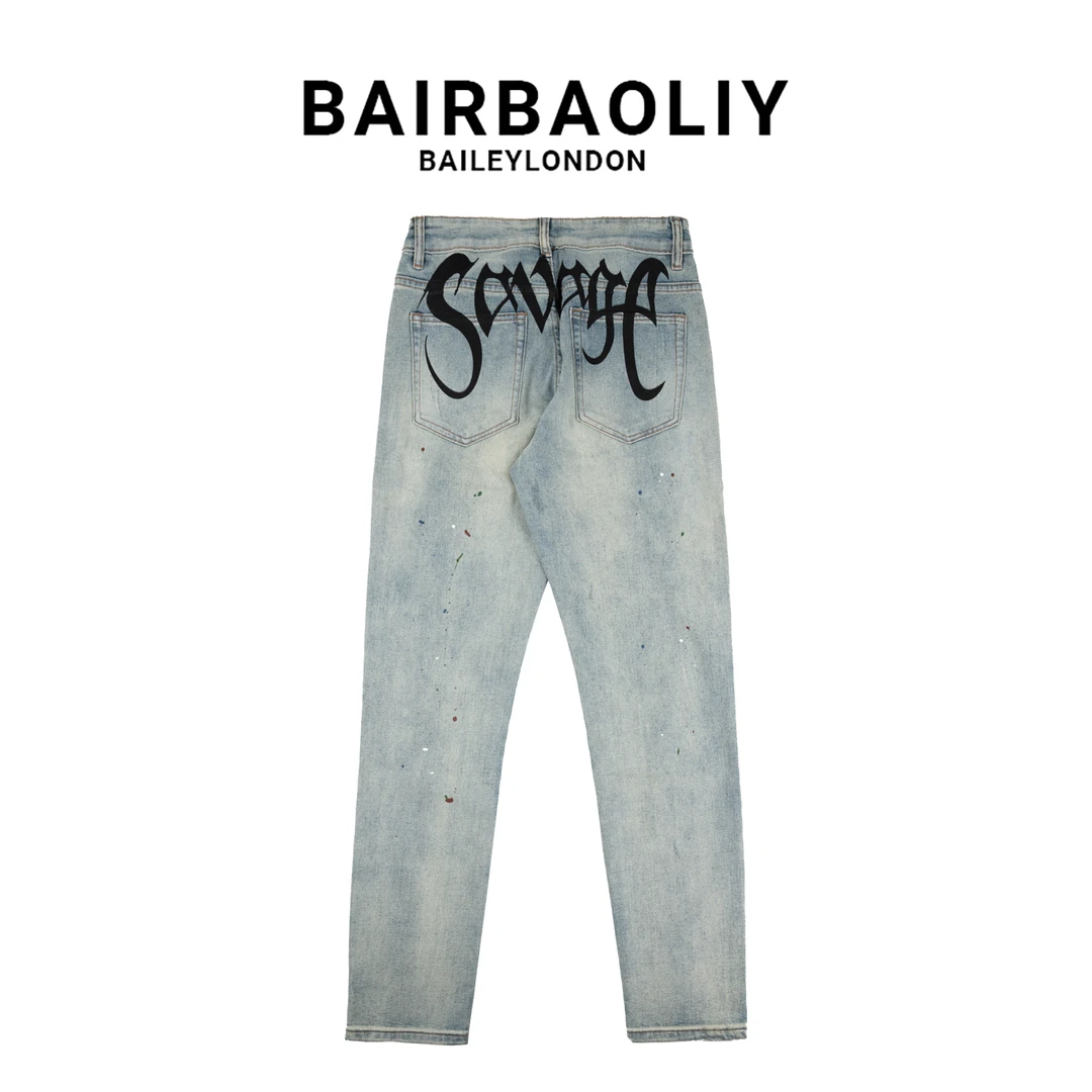 BAIRBAOLIY时尚字母印花做旧复古修身弹力显瘦高街直筒男款牛仔裤