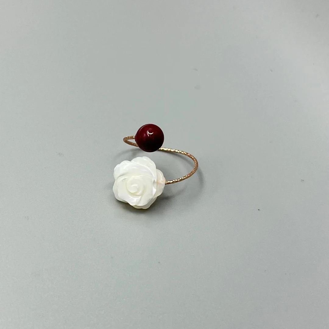 天然辰砂朱砂白牡丹花开口戒指*HT11306