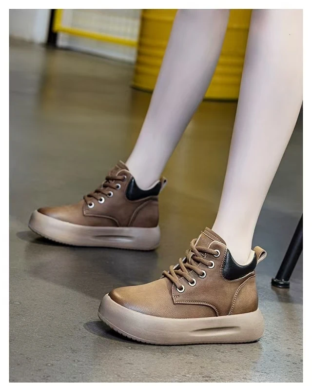 头层牛皮复古短靴女秋冬马丁靴百搭真皮休闲厚底高帮鞋软底女靴