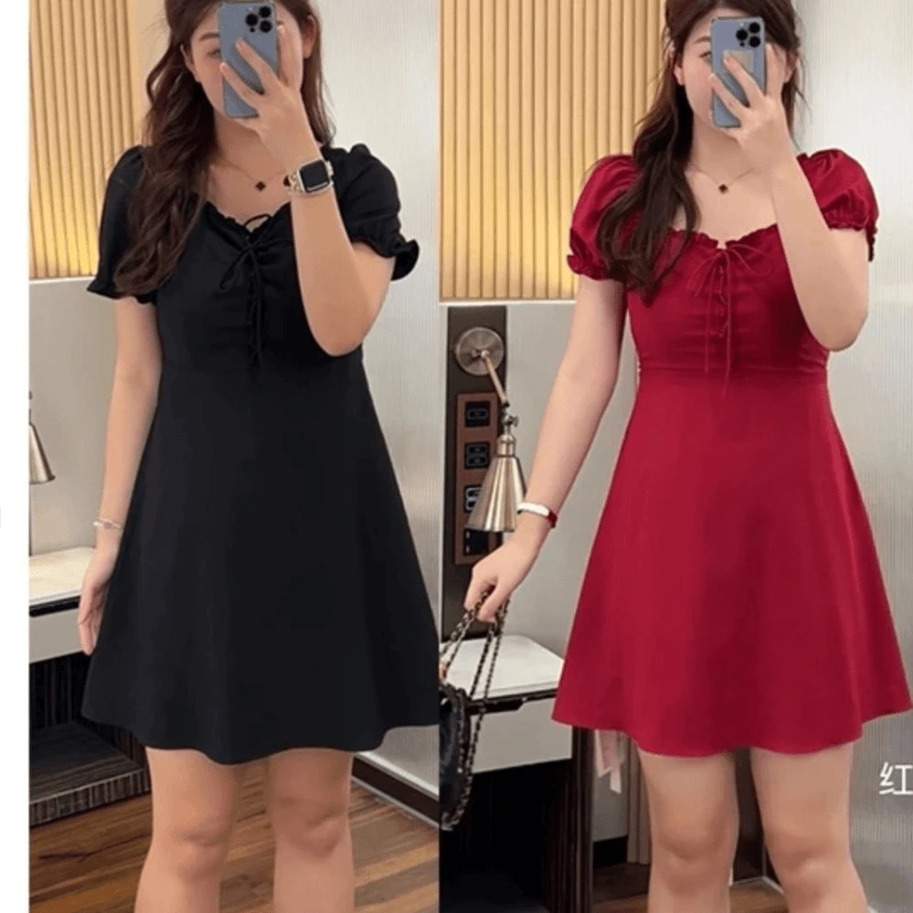 188夏季新款大码女装法式泡泡袖连衣裙收腰显瘦赫本风a字小黑裙