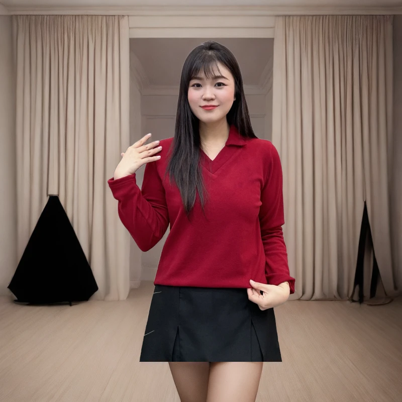 【款号8237】秋冬时尚V领纯色套头休闲国风盘扣显瘦胖mm打底衫