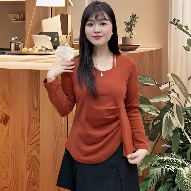 【款号8017】冬季时尚半V领纯色肩带掐褶休闲显瘦胖mm打底衫