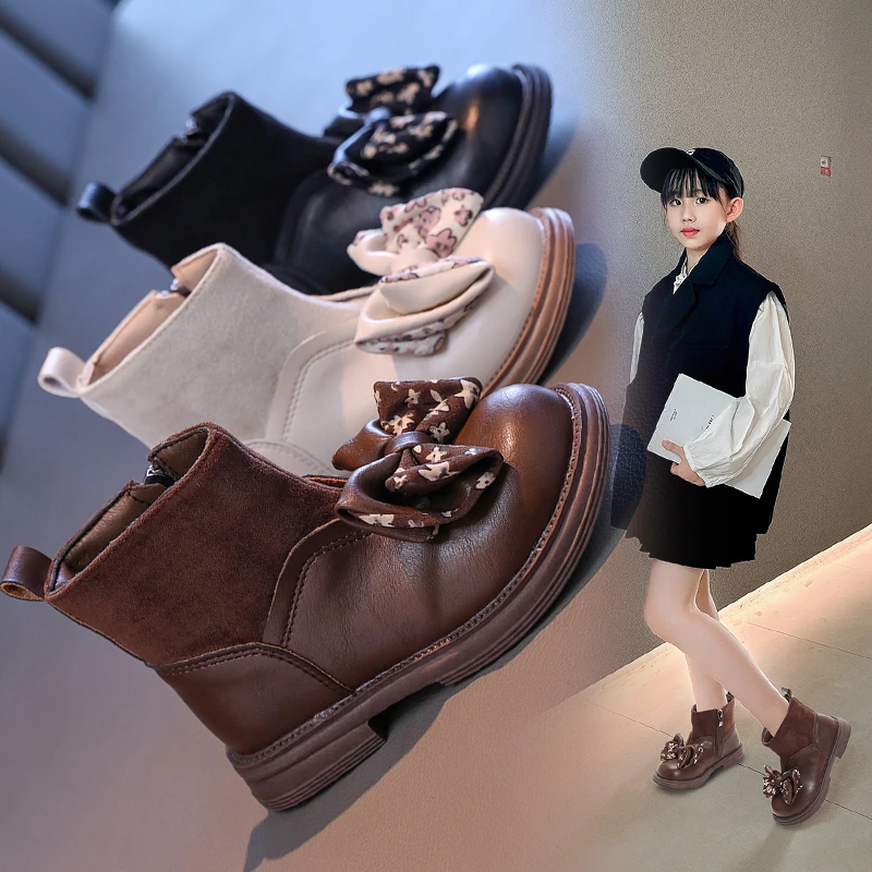 女童靴子2024秋冬新款儿童短靴洋气中大童蝴蝶结公主靴百搭马丁靴