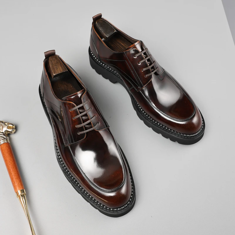 时尚新款男士皮鞋系带圆头商务英伦风正装透气男鞋厚底潮流百搭