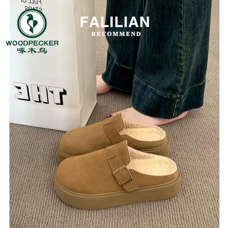啄木鸟厚底勃肯鞋女外穿2025新款秋冬一脚蹬包头半拖加绒毛毛棉拖