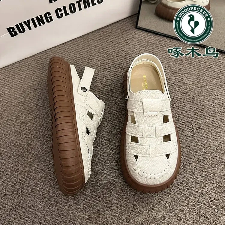 啄木鸟包头凉鞋女款2025年新款夏季外穿两穿厚底半拖鞋沙滩罗马鞋