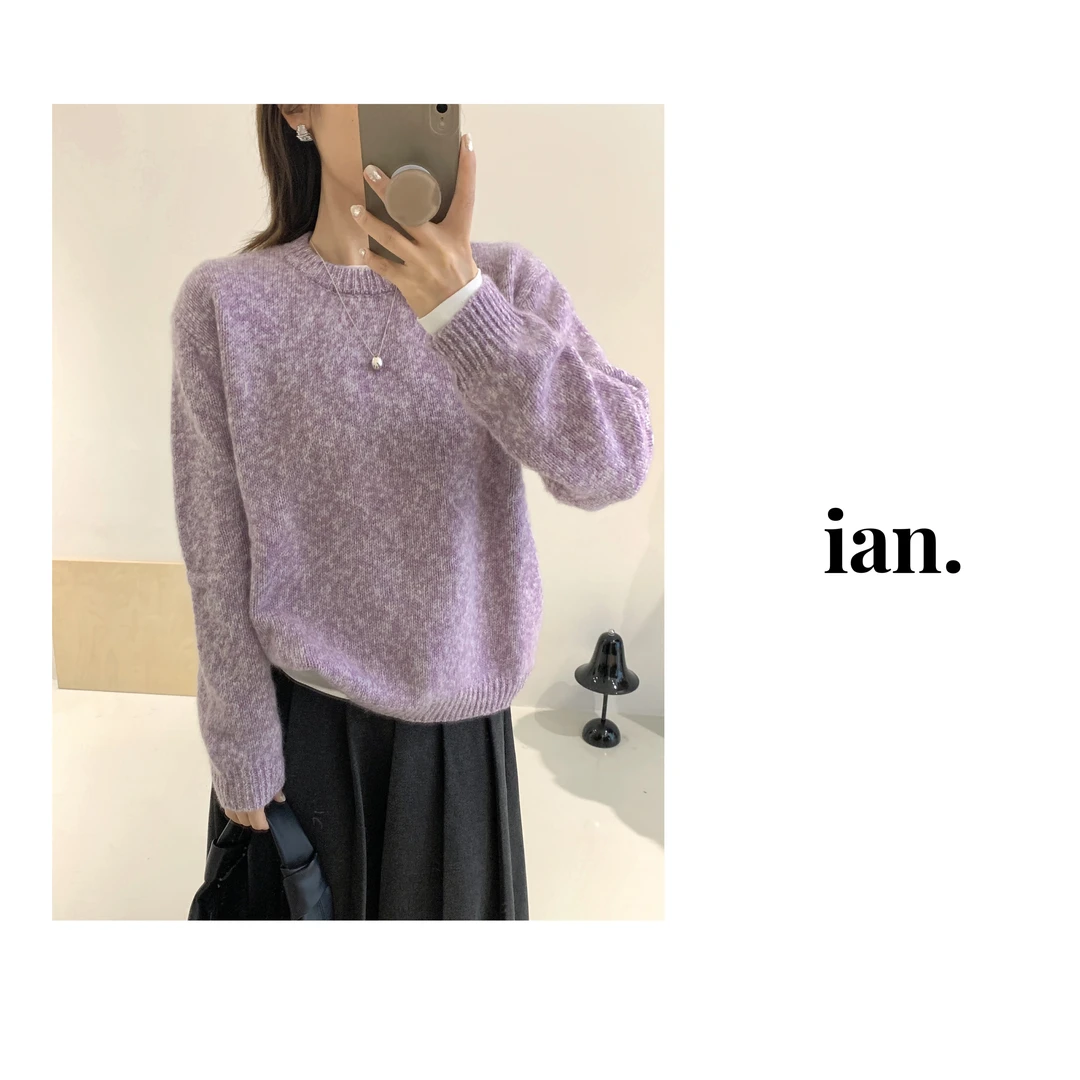 【ian】圆领花纱简约高级浣熊绒套头绵羊毛衫