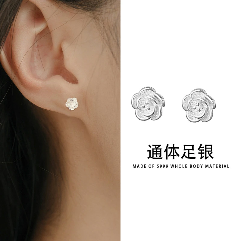 S999正品纯银首饰耳饰女款气质玫瑰花耳钉足银花朵耳环小巧法式风