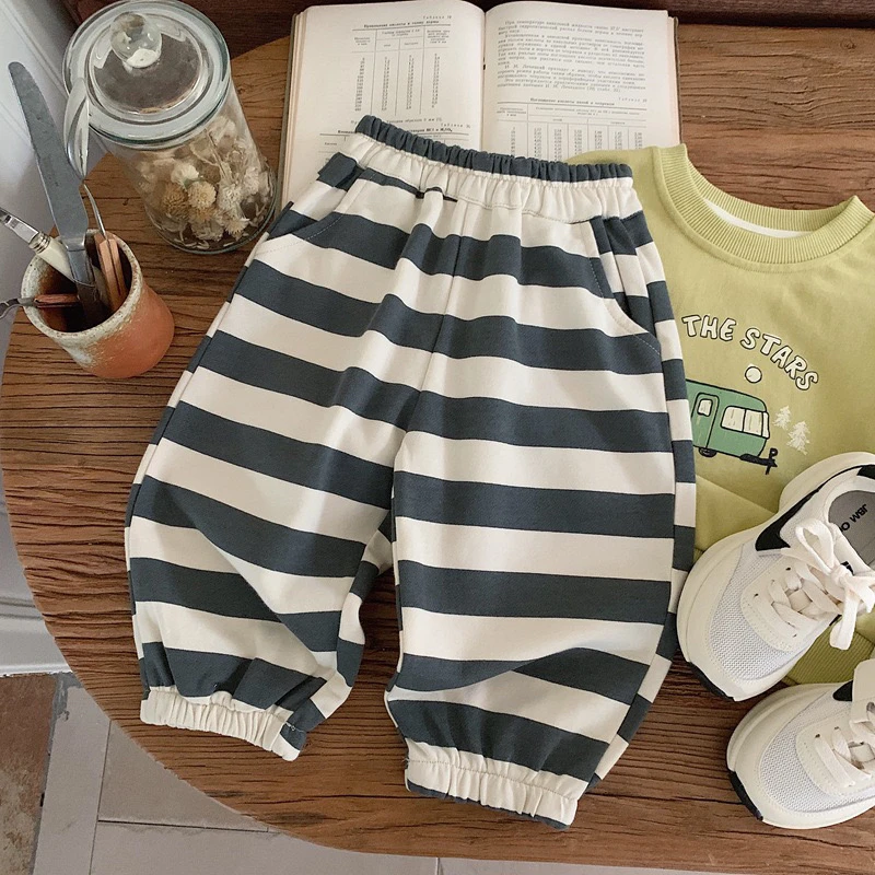经典条纹～韩版男女童条纹夏季小童休闲长裤男童短裤宝宝宽松