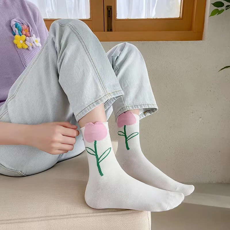 袜子女中筒袜夏季薄款可爱日系风郁金香花朵百搭甜美舒适透气