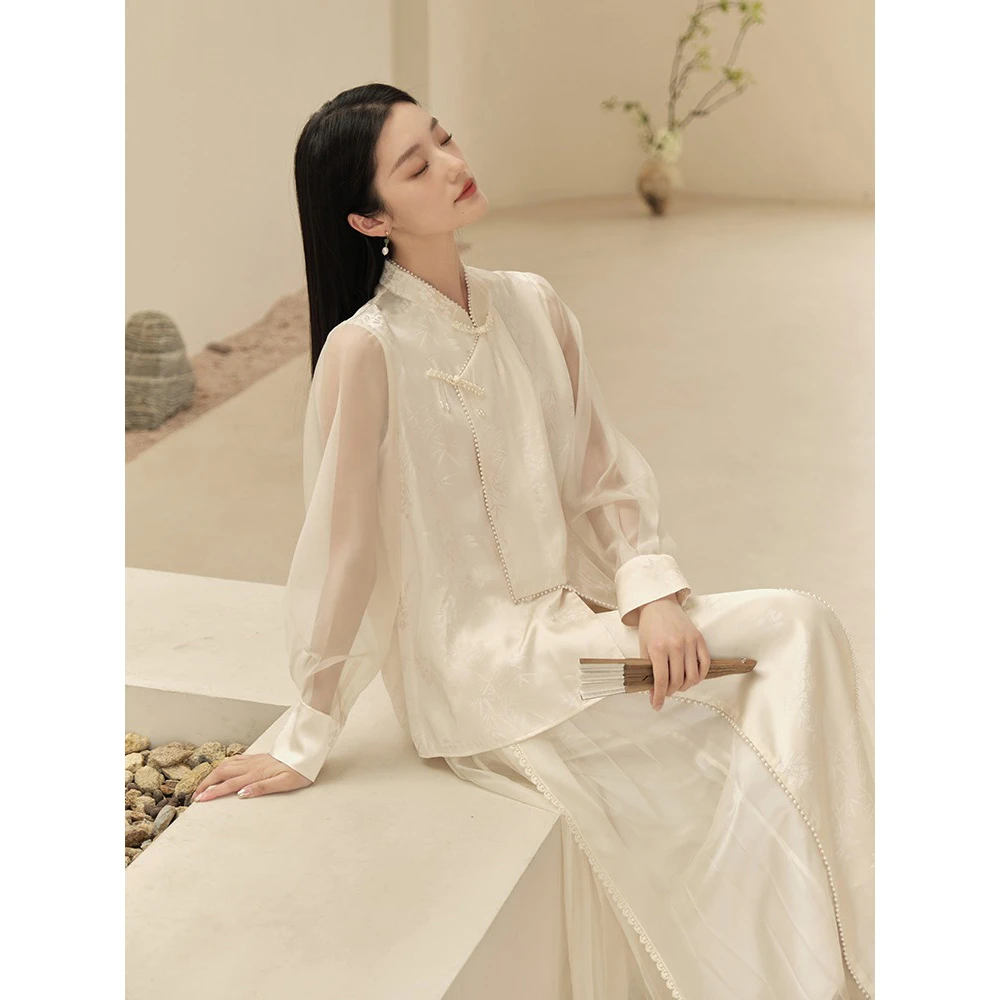 山有色2024新中式优雅衬衫夏季国风休闲复古盘扣简约薄款人丝上衣