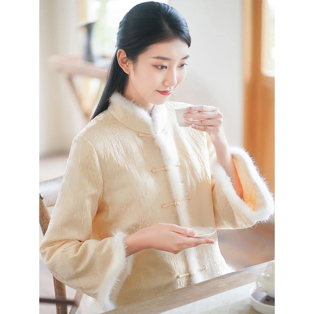 初蝉秋冬中国风女盘扣复古短款茶服中式唐装保暖棉袄棉服上衣外套