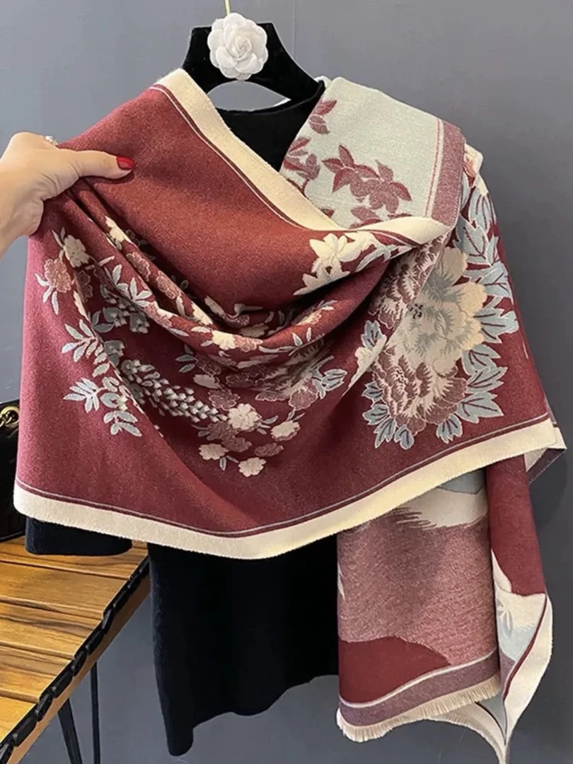 丽颖同款（牡丹节节高）国风围巾女时尚围脖高档双面加厚空调披肩