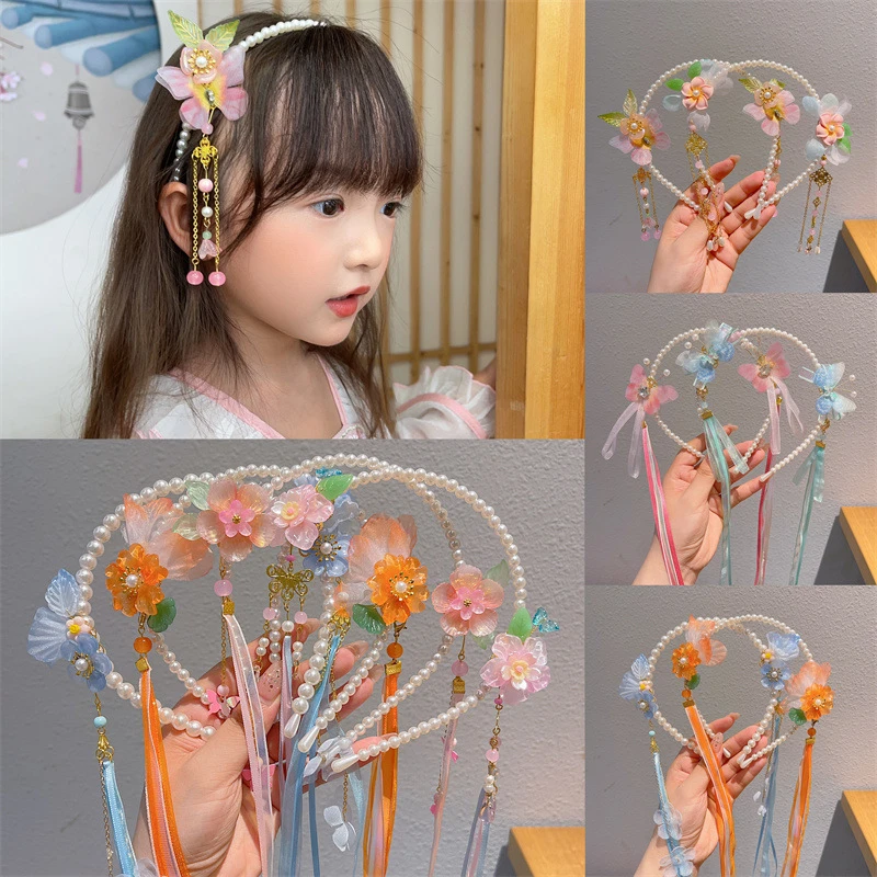 新款古风琉璃珍珠发箍儿童步摇流苏发箍小仙女发饰儿童不伤发发饰