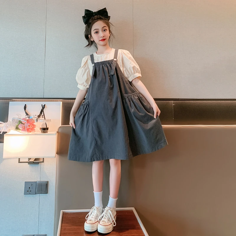 女童夏季套装连衣裙2025新款中大童洋气韩版6-15岁儿童网红背带裙