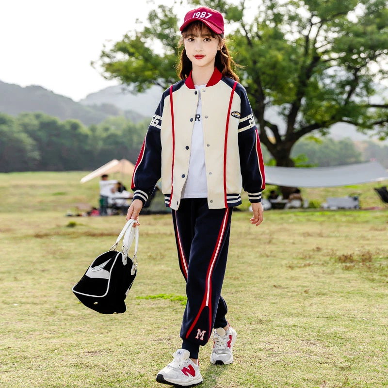 女童套装2023春秋季新款中大童6-12岁网红洋气学院风棒球服两件套