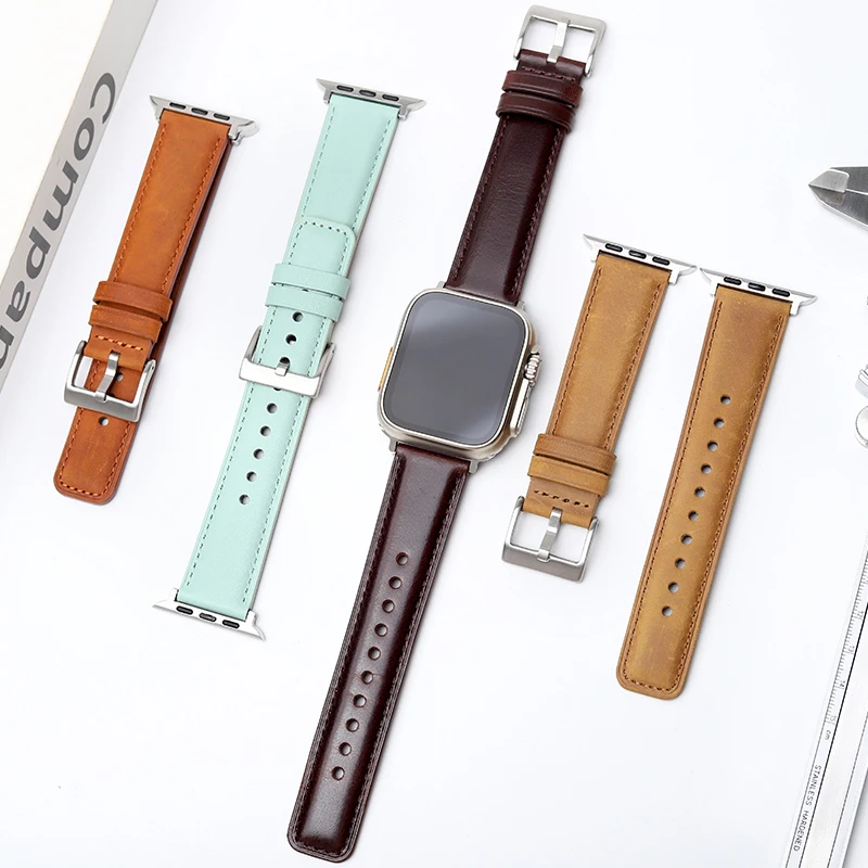 适用iwatch手表s10苹果S8疯马纹牛皮s9表带s11真皮7ultra32SE高级