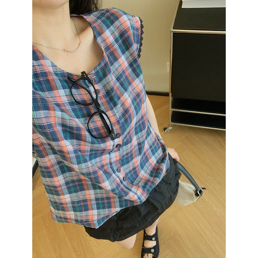 大叮自制清仓【重工纯亚麻】蕾丝花边拼接撞色格纹无袖背心！S5150