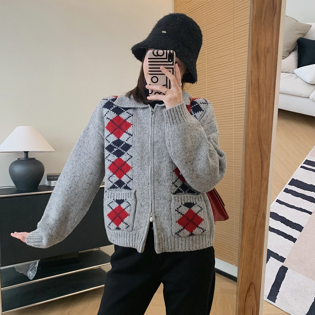大叮自制 清仓！全羊毛双拉链菱格提花开衫毛衣 S4623