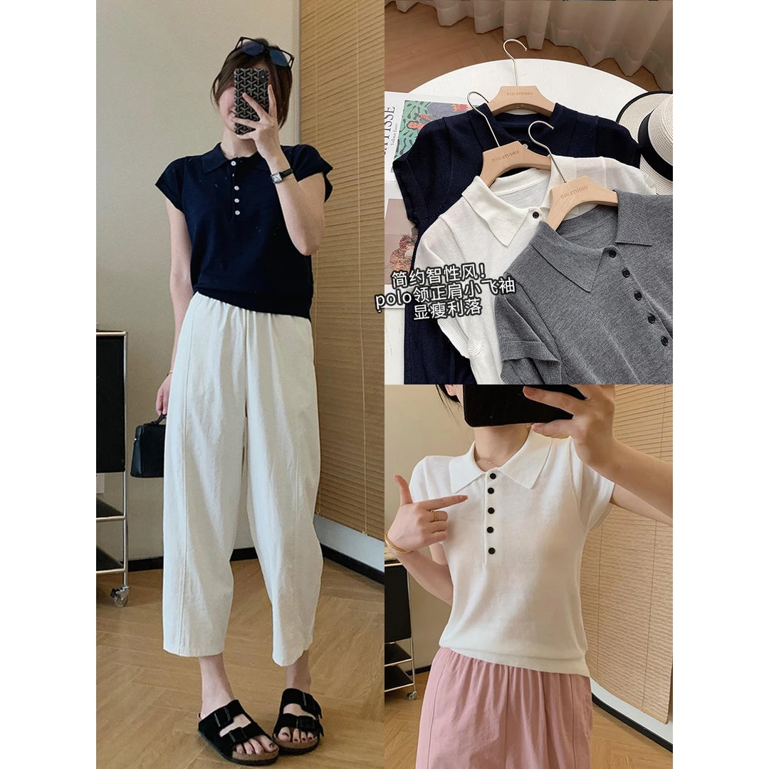 大叮自制清仓【简约智性风】polo领正肩小飞袖针织短袖上衣！S5091
