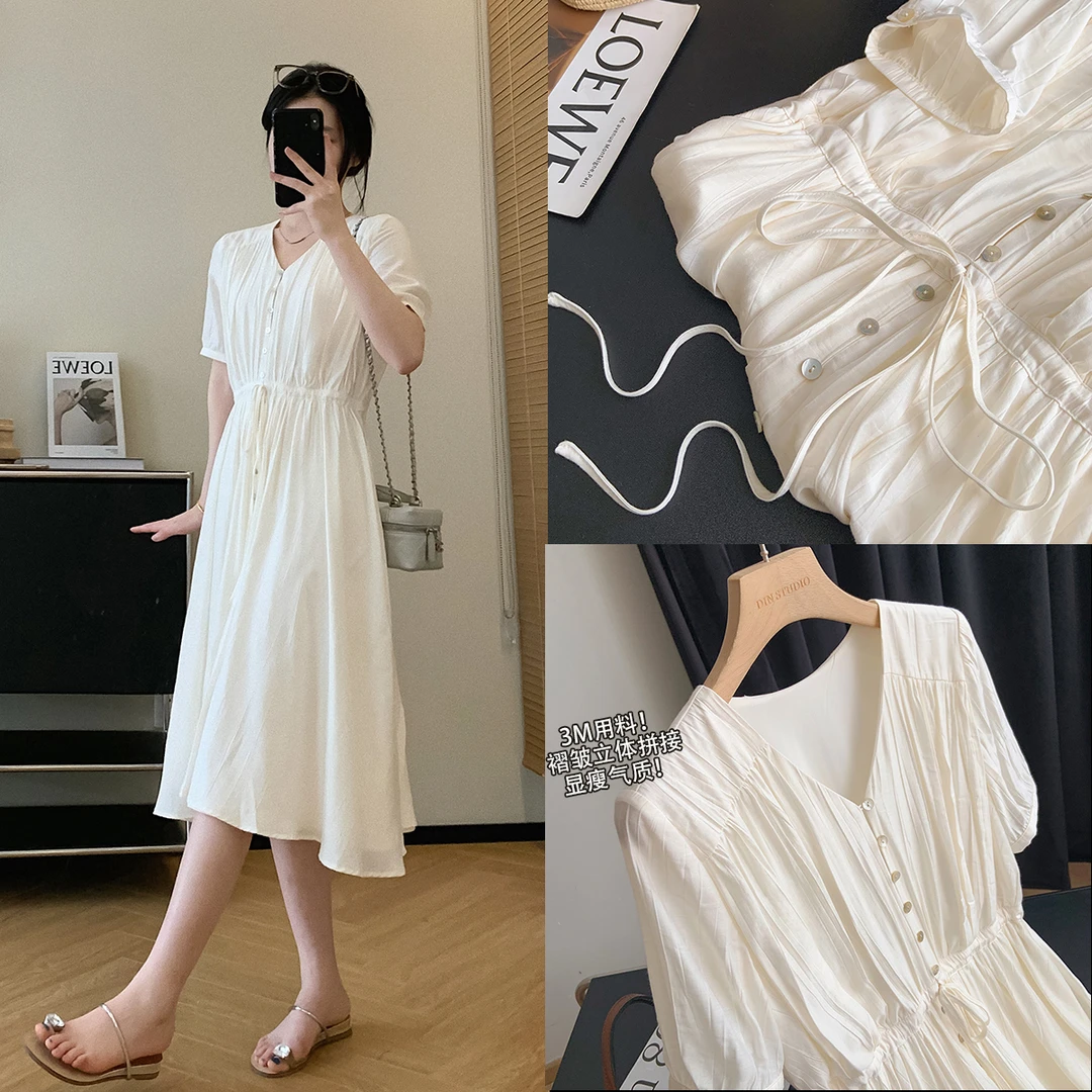 大叮自制清仓【用料3M】温柔氛围感系带收腰V领气质显瘦连衣裙！L657