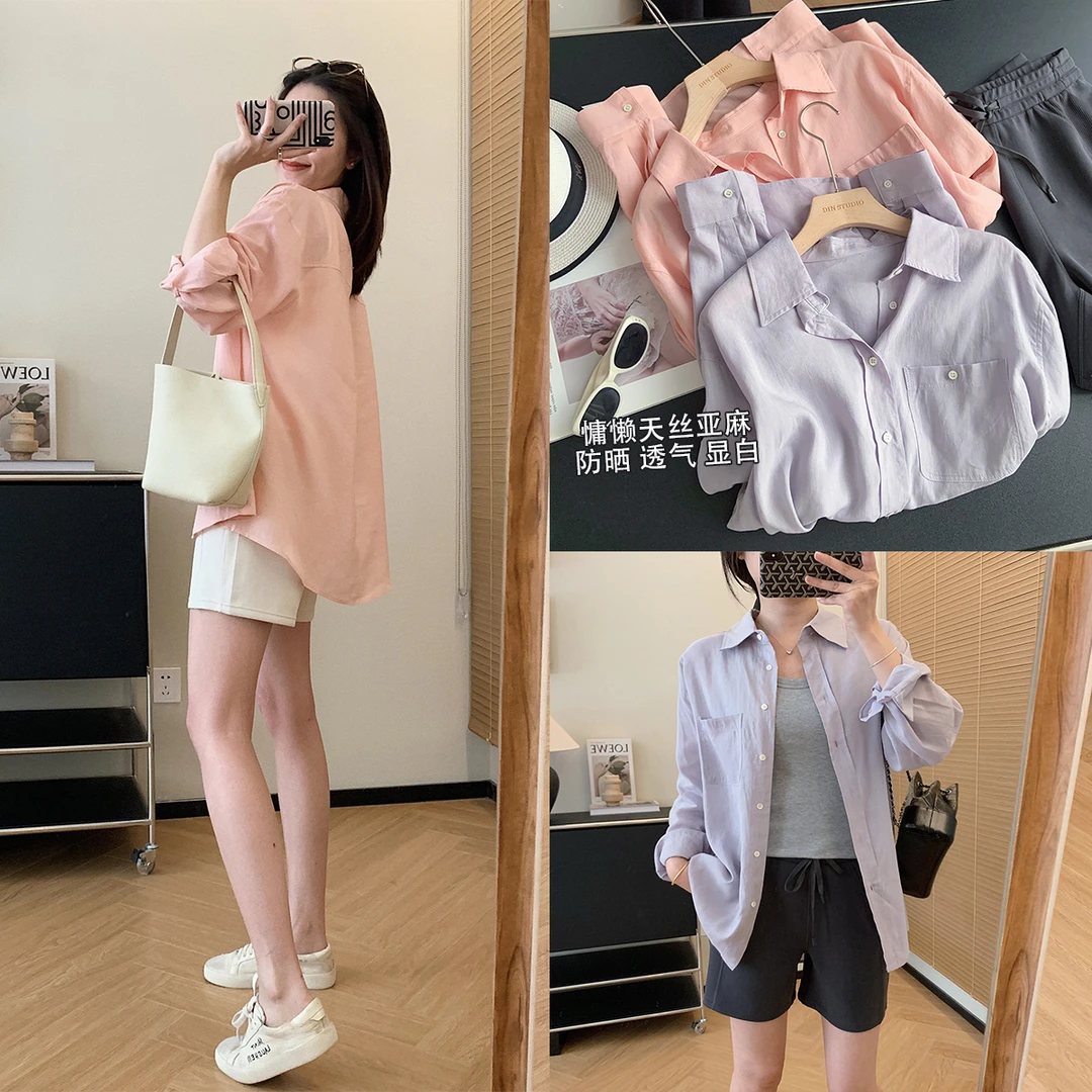 大叮自制清仓【冰淇淋色系】清透慵懒天丝亚麻口袋防晒衬衫！S4966
